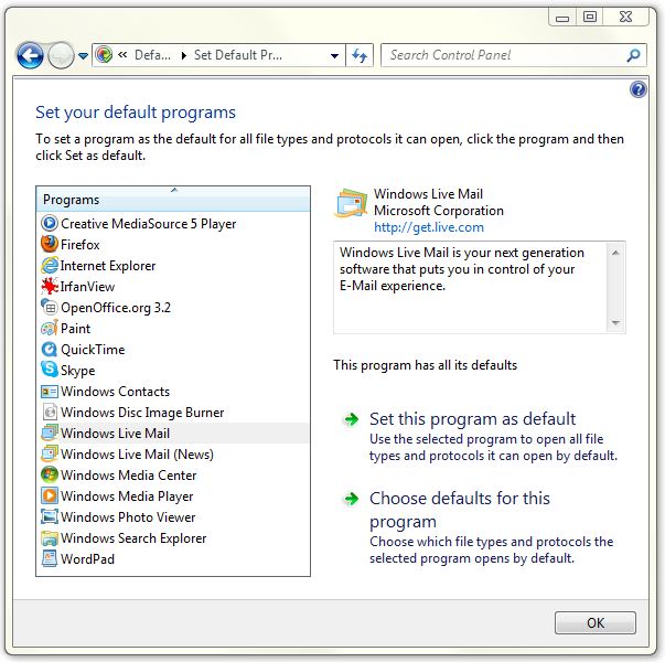 fix default mail client windows 7